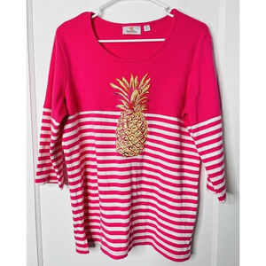 Quacker Factory Shirt Medium Pinapple Pink Stripes 3/4 Sleeves Stretch Embroider